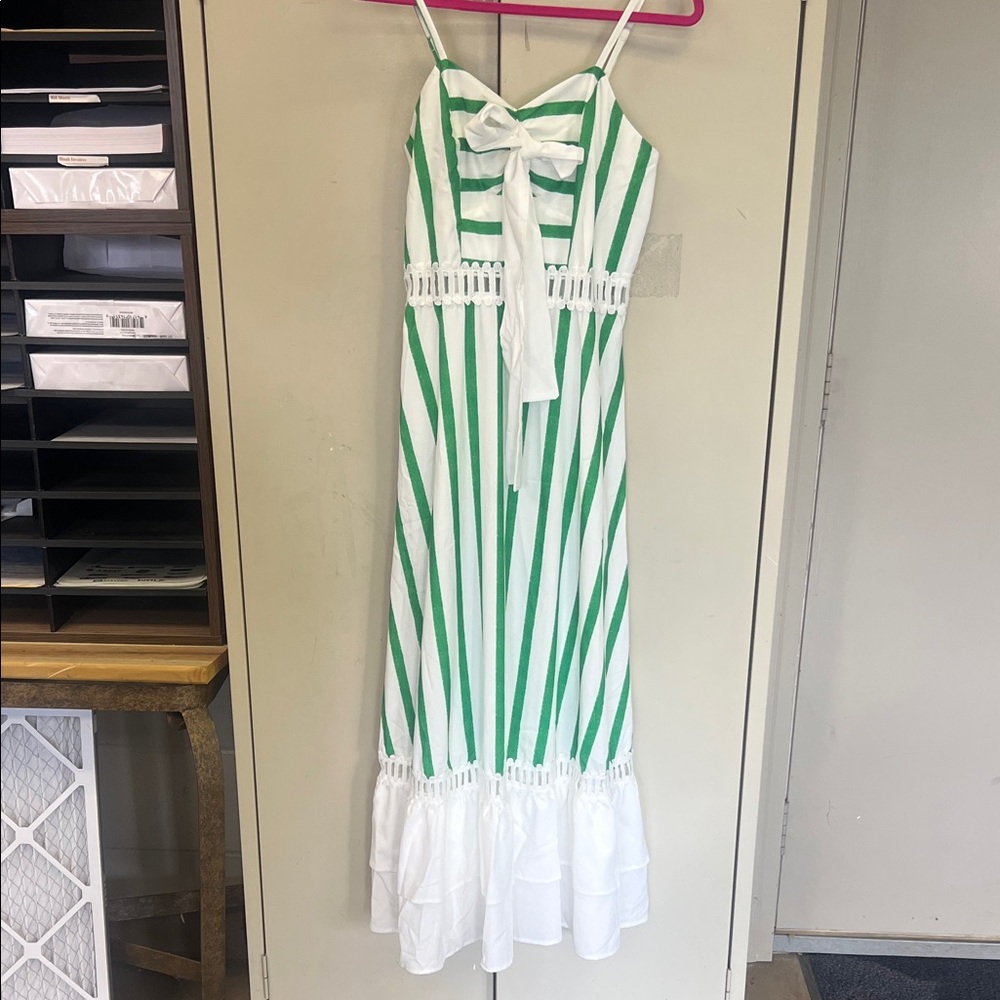 SHEIN Green and White Striped Maxi Dress with Bow